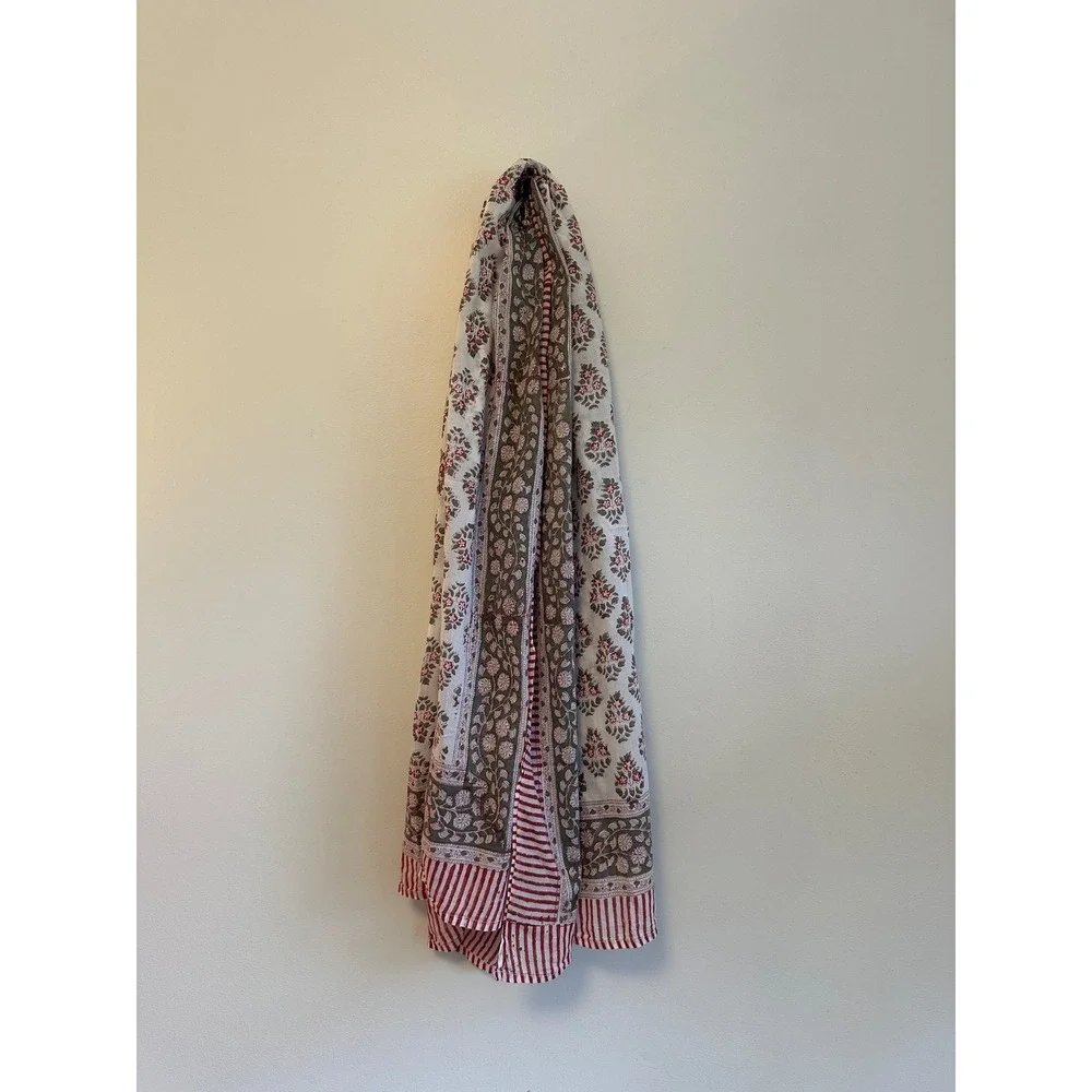 Floral Block Print Cotton Scarf in Olive Green, White, and Red